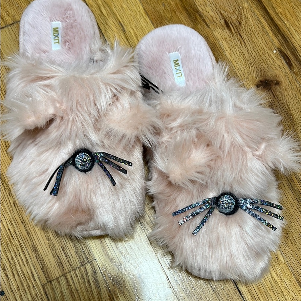 Pink Furry Cat Slippers